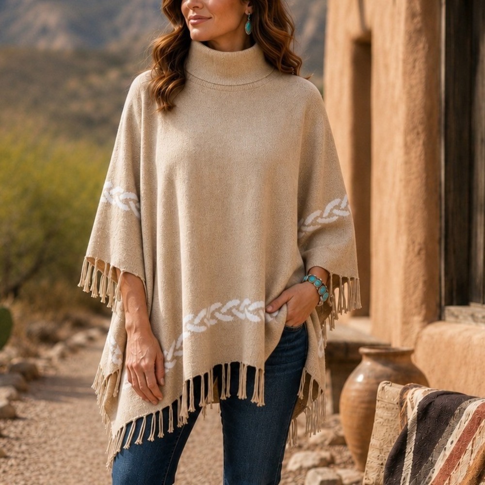 J.McLaughlin Tan Beige Intarsia Chain Link Fringe Mock Neck Poncho Sweater OSFM